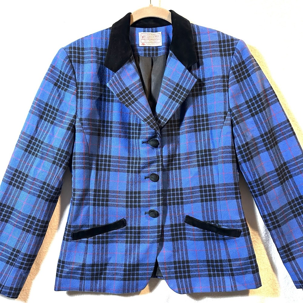 Vintage Pendleton‎ Blazer Petite 8 Jacket Blue Plaid Wool Velvet Collar Preppy